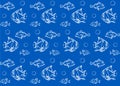 Seamless pattern aquarium fishes, white outline fish on blue background repeating textile pattern